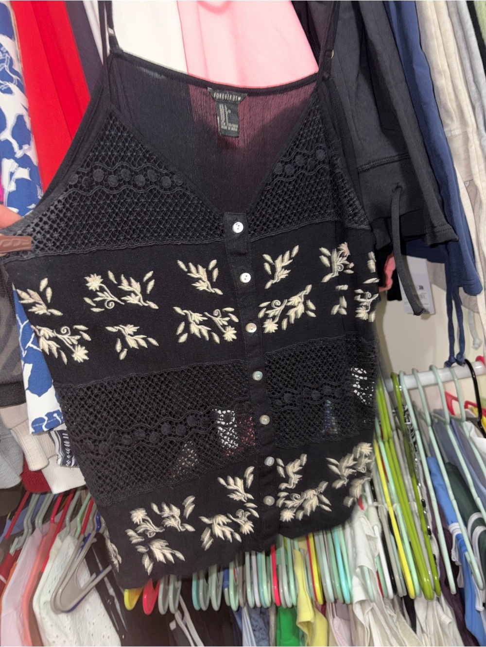Forever 21 Black Knit Floral Button-Front Tank
